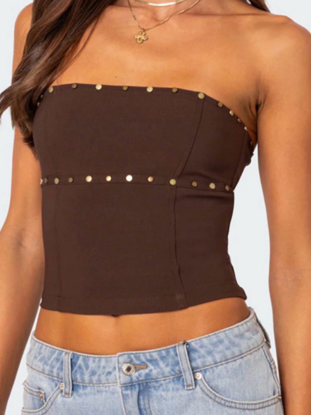Edikted Brown Strapless Studded Crop Top